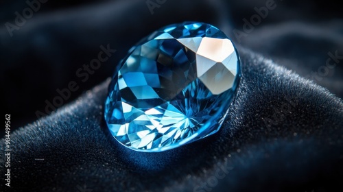 A gleaming blue topaz gemstone resting on a black velvet surface, catching the light from above. photo