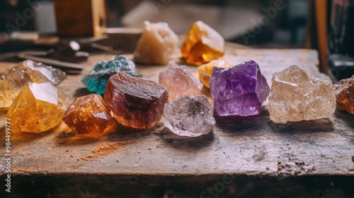 A group of unpolished gemstones in their raw form, resting on a jeweler's workbench. photo