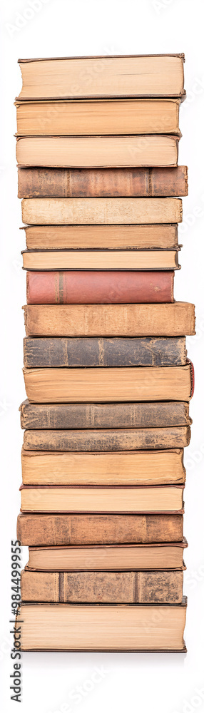 A stack of books with a white background. The books are old and have a worn look. The stack is tall and seems to be leaning to one side A stack of books with a white background. The books are old and have a worn look. The stack is tall and seems to be leaning to one side