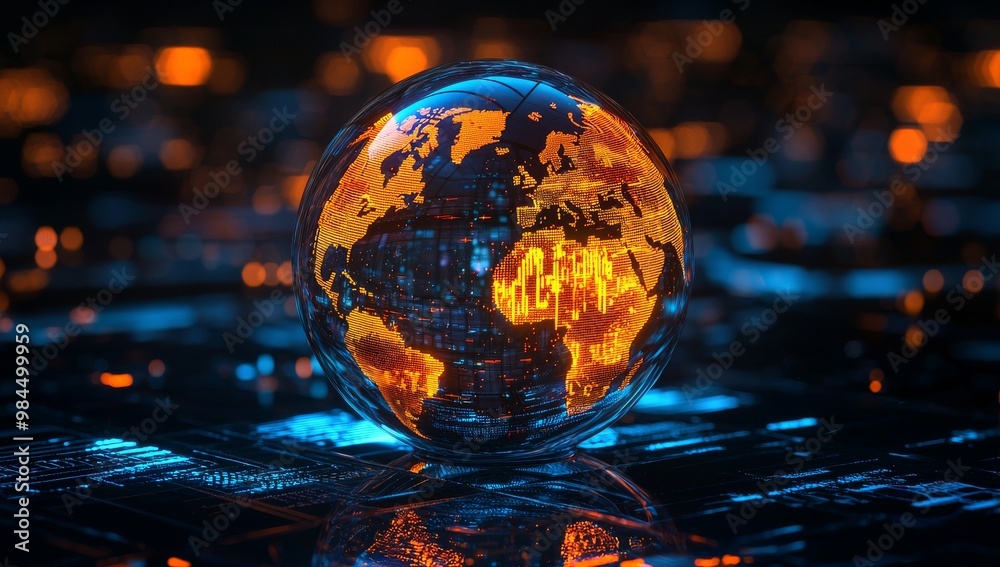 World map projected on a futuristic interface in holographic form with orange and blue lighting effects World map projected on a futuristic interface in holographic form with orange and blue lighting effects