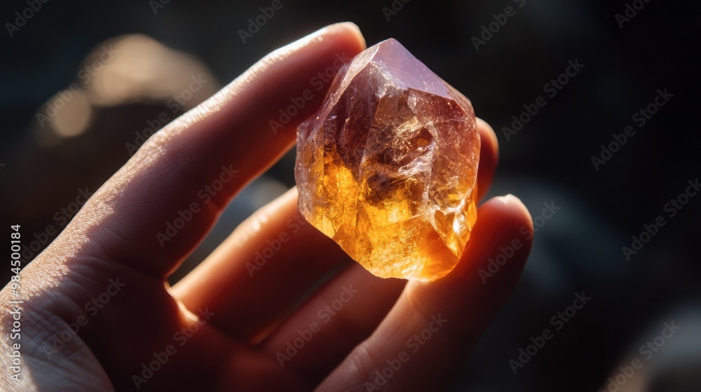 A jeweler's hand holding a raw gemstone up to the light, examining its natural imperfections. A jeweler's hand holding a raw gemstone up to the light, examining its natural imperfections.