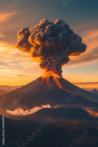Majestic Volcano Eruption at Sunrise with Smoke and Lava Flow