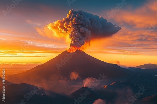 Majestic Volcano Eruption at Sunrise with Smoke and Lava Flow