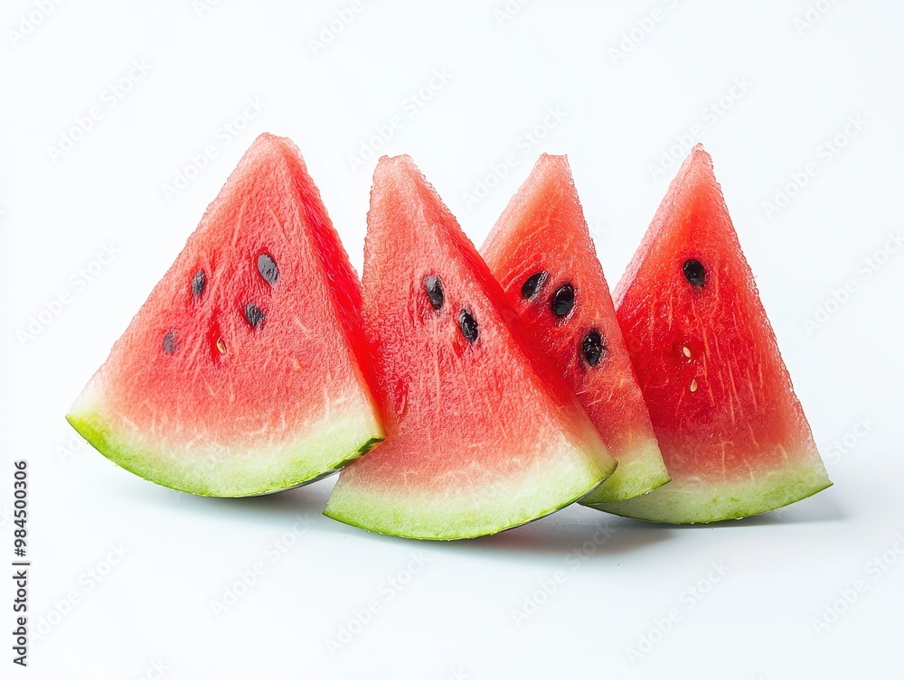 A close-up of fresh watermelon slices isolated on a clean white background