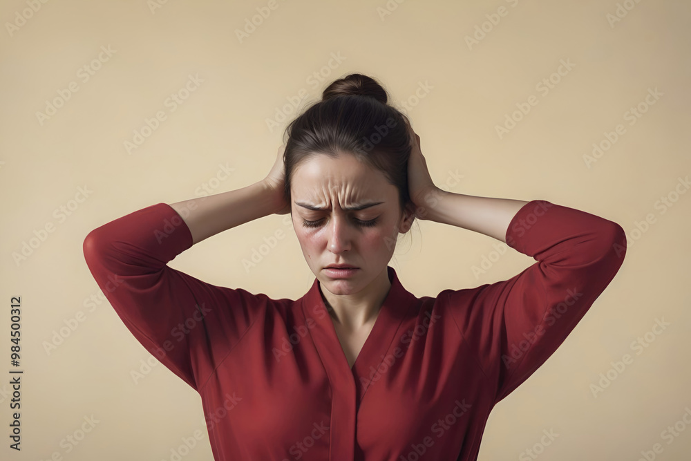 Woman suffering from stress, migraine or a headache grimacing in pain Woman suffering from stress, migraine or a headache grimacing in pain