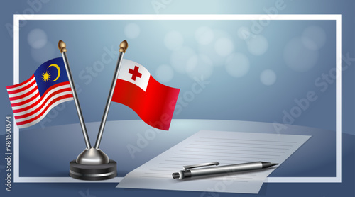 Malaysia and Tonga Small national flag on bokeh background, cooperative relationship