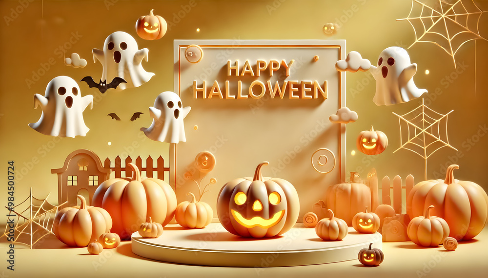 The “Happy Halloween” banner templates with a 3D composition featuring pumpkins, a Jack-o’-lantern, and cute spooky elements on a yellow light background. The “Happy Halloween” banner templates with a 3D composition featuring pumpkins, a Jack-o’-lantern, and cute spooky elements on a yellow light background.