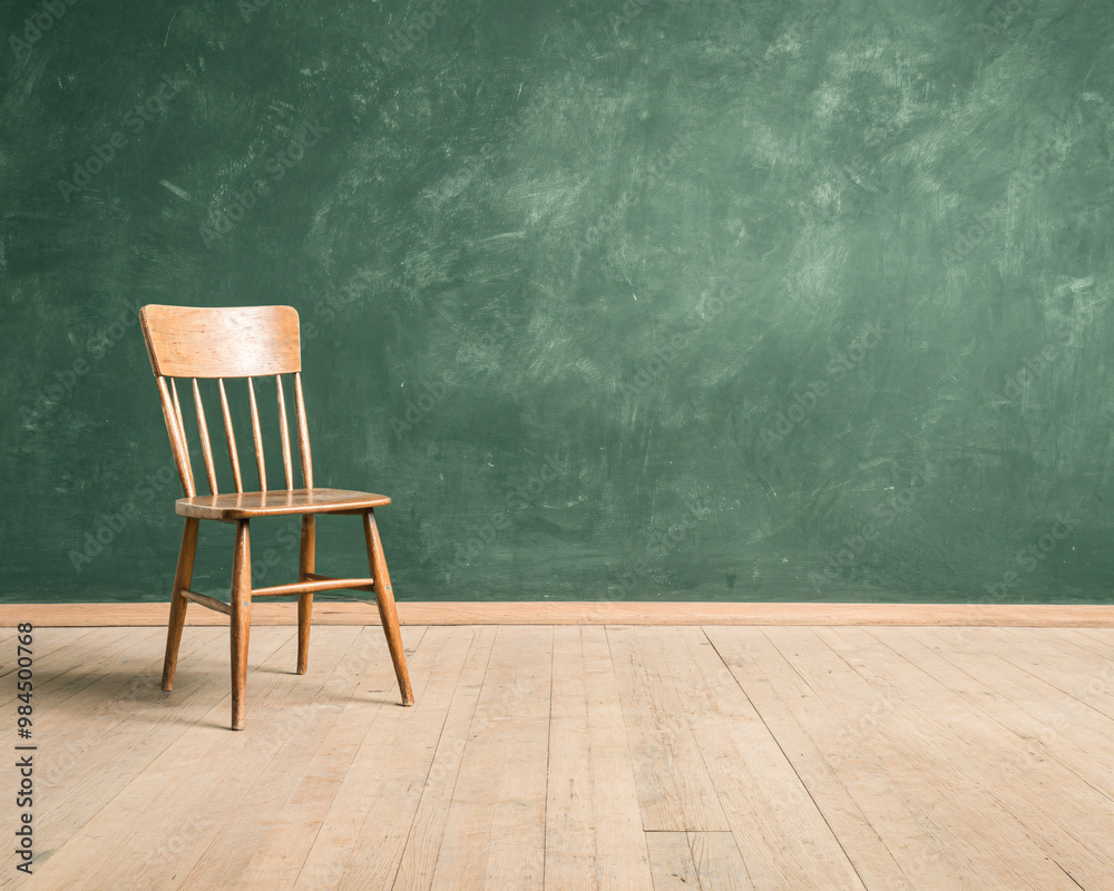 A wooden chair sits in front of a green wall. The chair is empty and the wall is painted green A wooden chair sits in front of a green wall. The chair is empty and the wall is painted green