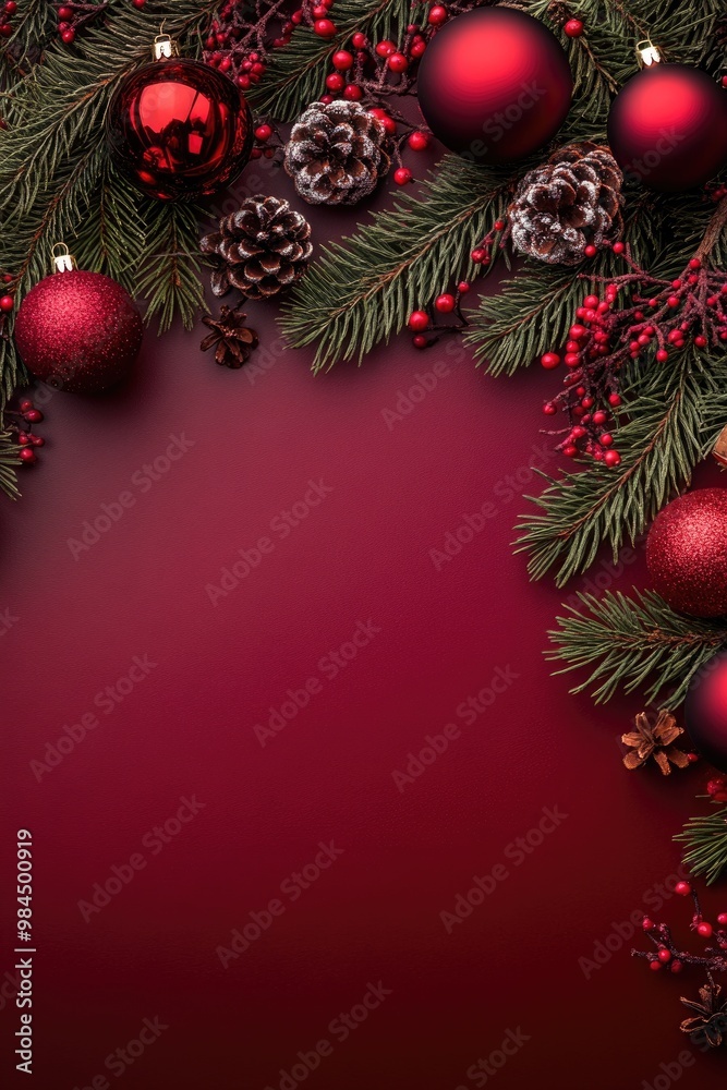 Festive Christmas Ornaments and Pine Branches on Red Bordeaux Background Festive Christmas Ornaments and Pine Branches on Red Bordeaux Background