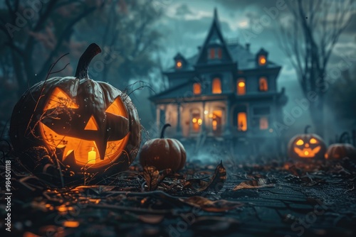 Glowing Jack-o'-lantern in Front of a Haunted House on a Foggy Halloween Night photo