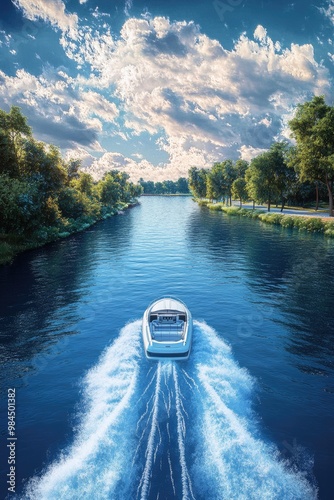 Speedboat on Calm Water Surrounded by Green Trees and Blue Sky High-Speed Boat Moving Through Clear Blue Lake