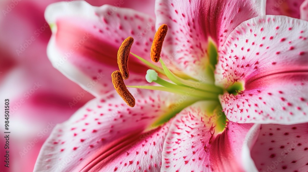 A macro shot of a stargazer lily, showcasing its rich pink and white petals with intricate details. A macro shot of a stargazer lily, showcasing its rich pink and white petals with intricate details.
