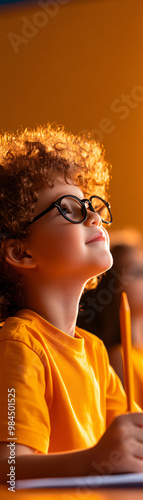 A young boy wearing glasses is sitting at a desk with a pencil in his hand. He is looking up at the camera with a smile on his face. Concept of curiosity and eagerness to learn photo