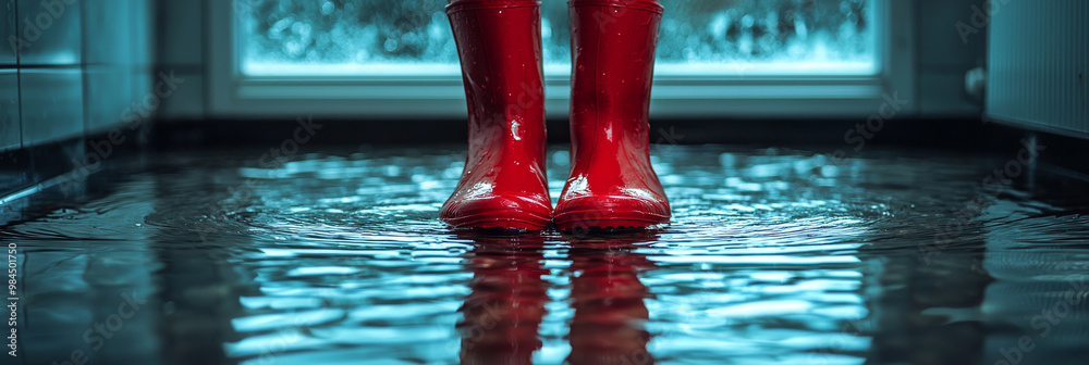 Red rain boots stand in a flooded hallway. Red rain boots stand in a flooded hallway.