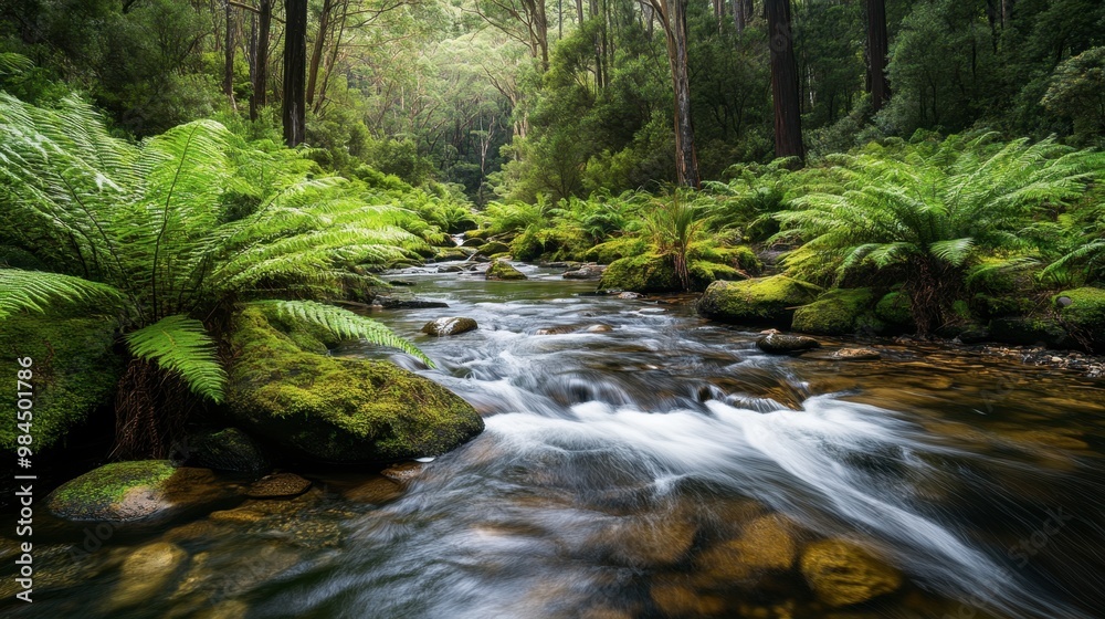 A mountain stream flowing over smooth rocks in Ackmon National Park, with lush ferns and moss growing along the banks. A mountain stream flowing over smooth rocks in Ackmon National Park, with lush ferns and moss growing along the banks.
