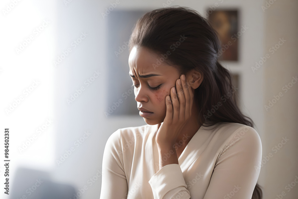 Woman suffering from stress, migraine or a headache grimacing in pain Woman suffering from stress, migraine or a headache grimacing in pain
