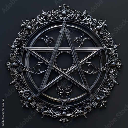 Intricate silver pentagram medallion with ornate design