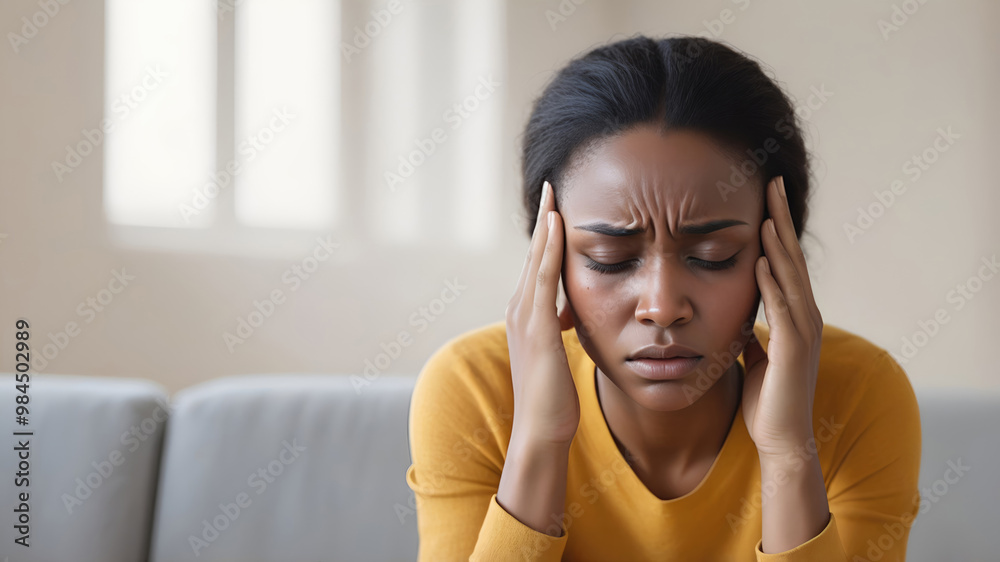 Woman suffering from stress, migraine or a headache grimacing in pain
