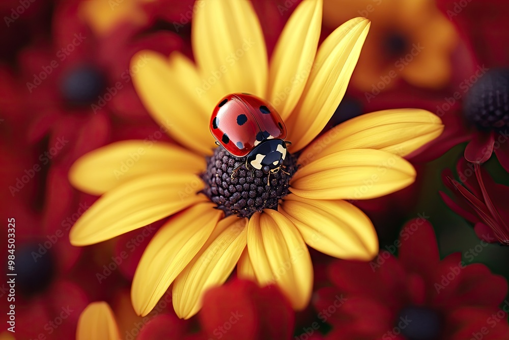 Ladybug on Yellow Flower Petal in Macro Close-Up Ladybug on Yellow Flower Petal in Macro Close-Up