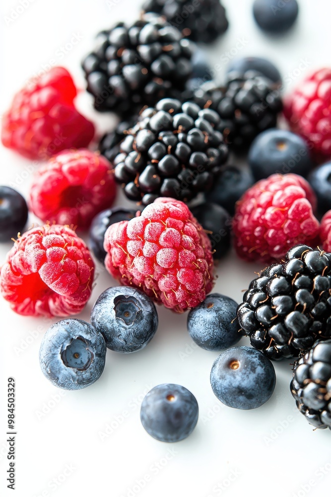 A close-up view of fresh raspberries, blueberries, and blackberries isolated on a clean white background. A close-up view of fresh raspberries, blueberries, and blackberries isolated on a clean white background.