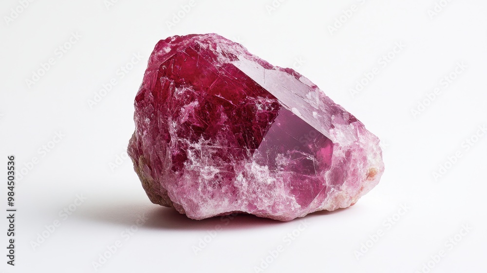 Fototapeta premium A raw, unpolished ruby crystal set against a stark white background, highlighting its natural structure.