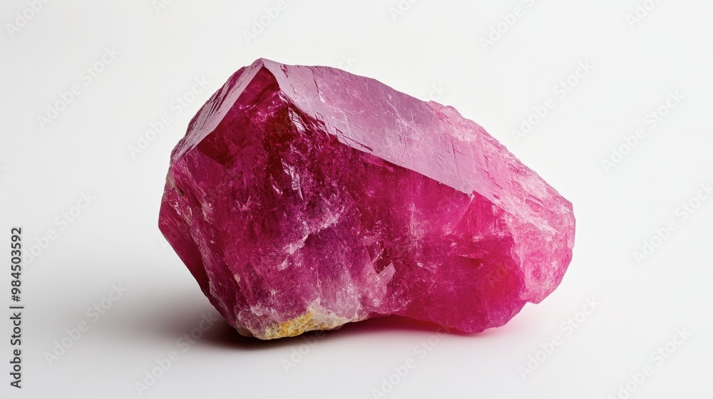 Fototapeta premium A raw, unpolished ruby crystal set against a stark white background, highlighting its natural structure.