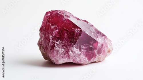 A raw, unpolished ruby crystal set against a stark white background, highlighting its natural structure.