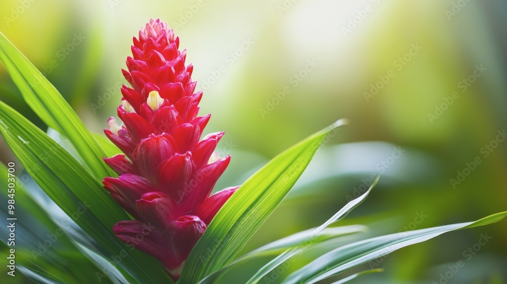 A red ginger flower seen up close, with its vibrant color contrasting against the green leaves in the background. A red ginger flower seen up close, with its vibrant color contrasting against the green leaves in the background.