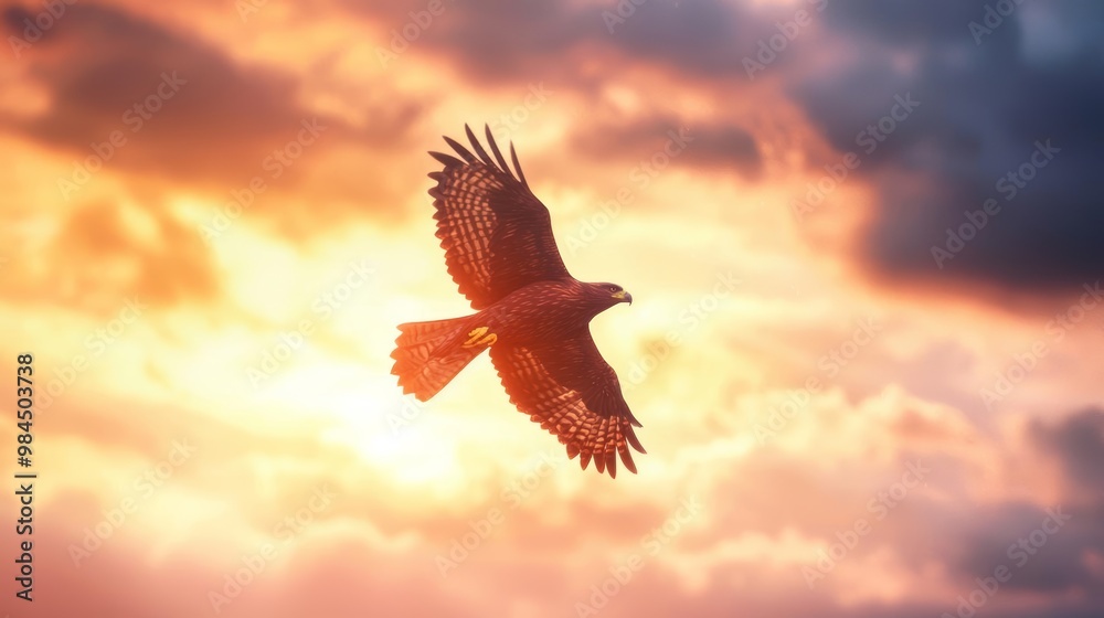 Obraz premium Majestic bird soaring through a colorful sky at sunset
