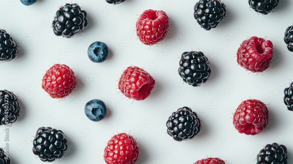 A close-up view of fresh raspberries, blueberries, and blackberries isolated on a clean white background.