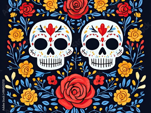 Vibrant floral design featuring sugar skulls with intricate patterns, perfect for cultural celebrations.