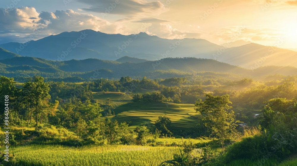 Obraz premium A scenic shot of the mountains and rice terraces in Pai, a backpacker paradise in northern Thailand.