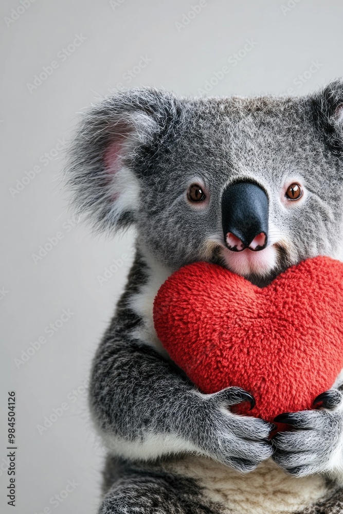 Cute Koala Holding a Red Heart Plush on White Background Cute Koala Holding a Red Heart Plush on White Background