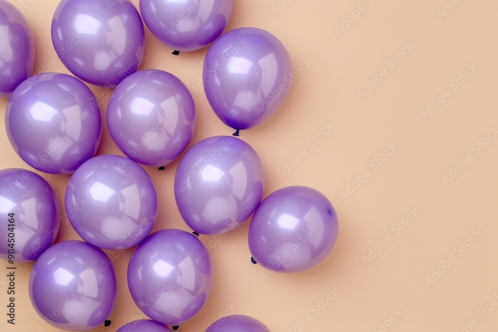 Top view of light purple balloons on a beige background, ideal for happy birthday notes with clear copy space. Top view of light purple balloons on a beige background, ideal for happy birthday notes with clear copy space.