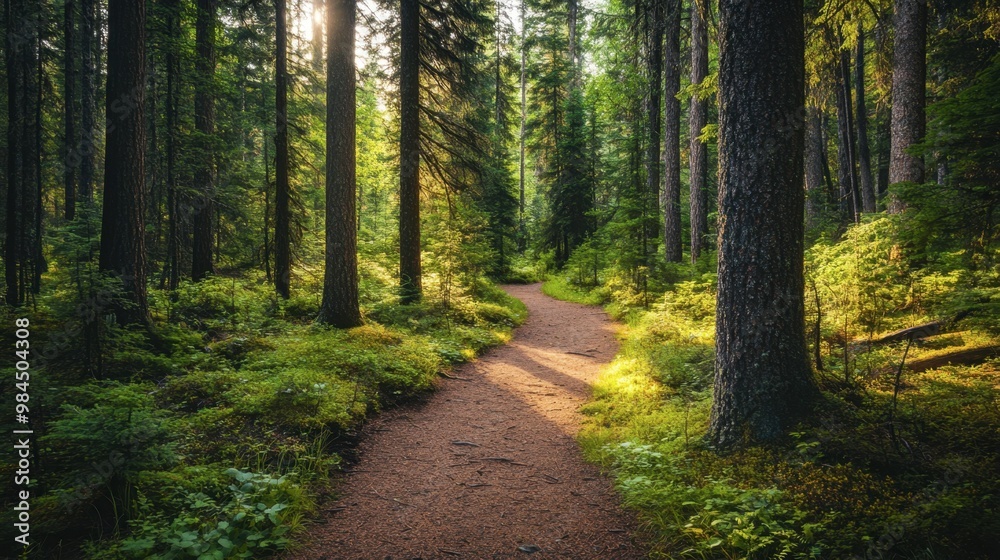 A scenic trail winding through Ackmon National Park dense forest, with sunlight filtering through the tall trees.
