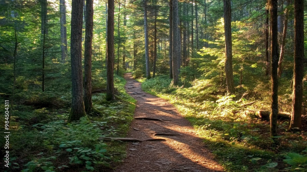 Fototapeta premium A scenic trail winding through Ackmon National Park dense forest, with sunlight filtering through the tall trees.