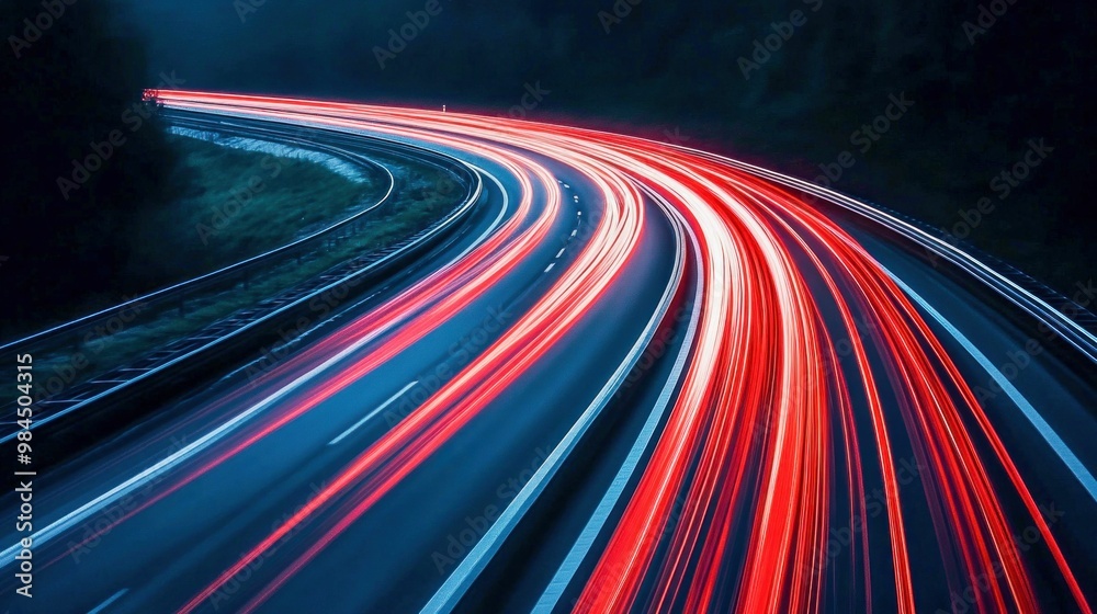 Long-Exposure of Car Light Trails in Red and Blue on Highway at Night Long-Exposure of Car Light Trails in Red and Blue on Highway at Night