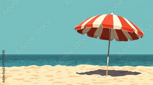  A red and white striped umbrella sits atop a sandy beach near the ocean on a sunny day