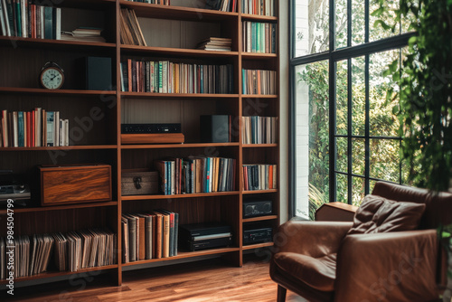 Cozy home library with a leather armchair is bathed in natural light from a large window