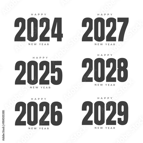 Happy New Year 2024,2025,2026,2027,2028,2029 vector creative new year black color, modern geometric in retro style