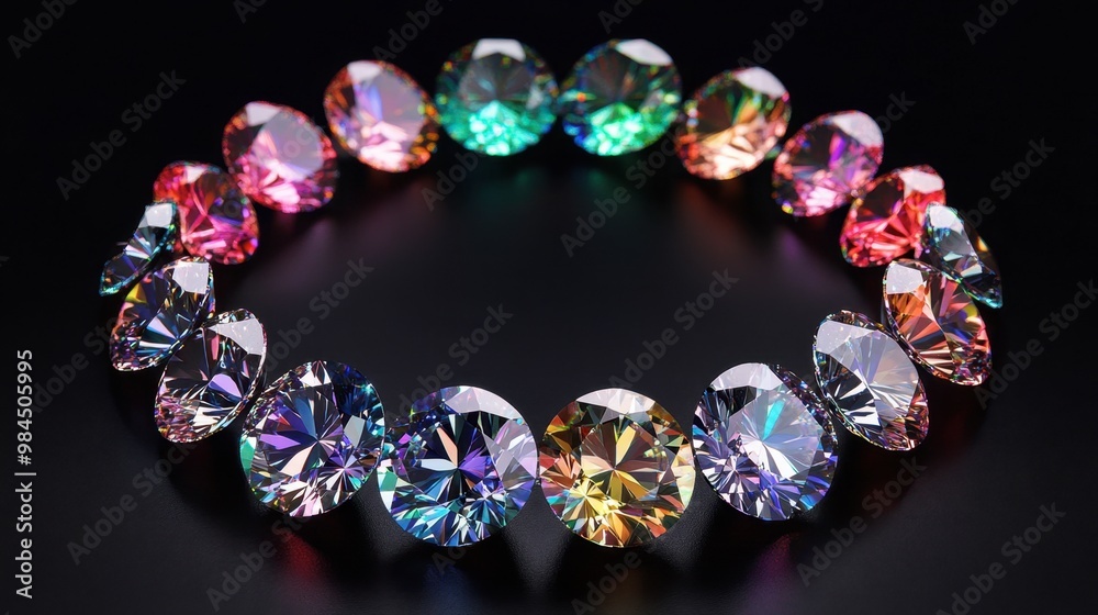 A set of brilliant-cut diamonds arranged in a circle, their facets reflecting rainbow hues. A set of brilliant-cut diamonds arranged in a circle, their facets reflecting rainbow hues.