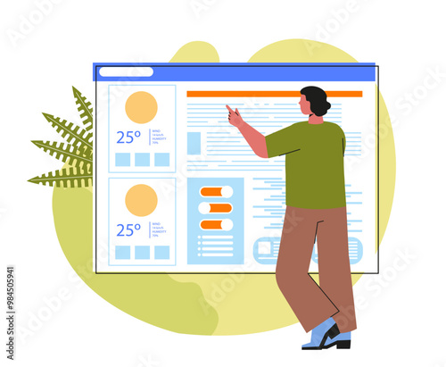 Meteorology geophysics science. Man looks at weather forecast. Physics and temperature measurement. Meteorologist at workplace. Flat vector illustration