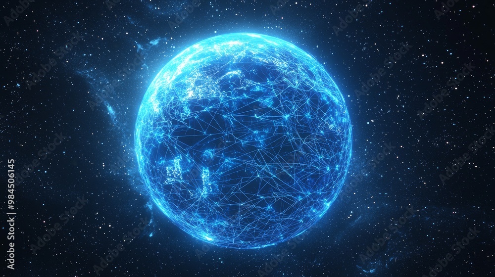 The glowing connection points of a futuristic holographic globe are lit by translucent blue interfaces floating in the dark The glowing connection points of a futuristic holographic globe are lit by translucent blue interfaces floating in the dark