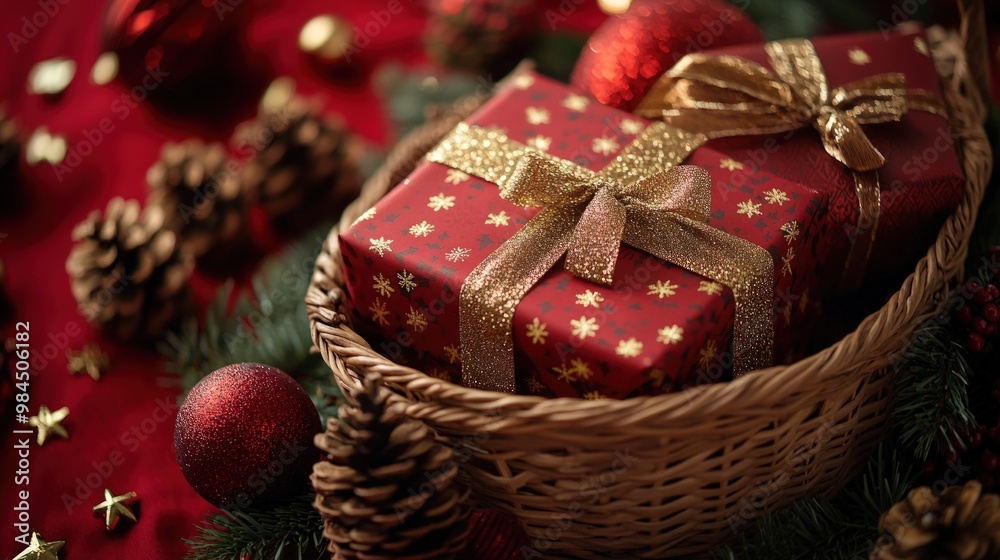 Two red and gold wrapped gifts with golden ribbon in a wicker basket with Christmas decorations around them. Two red and gold wrapped gifts with golden ribbon in a wicker basket with Christmas decorations around them.