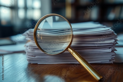 Magnifying glass on a stack of papers.