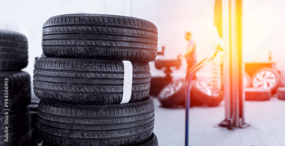 Concept car wheel service, changing winter tire on machine at station. Concept car wheel service, changing winter tire on machine at station.
