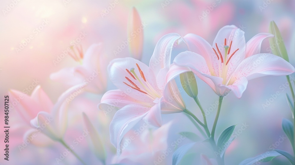 A soft-focus image of lilies in a pastel-colored garden, creating a dreamy atmosphere.