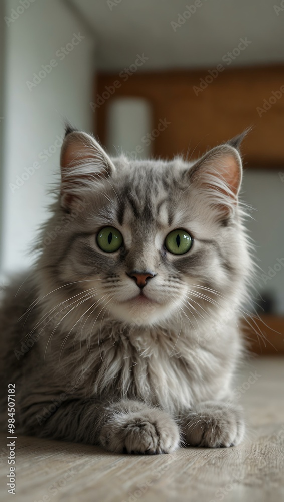Funny long-haired gray kitten with big green eyes licking its lips on a white table. Funny long-haired gray kitten with big green eyes licking its lips on a white table.