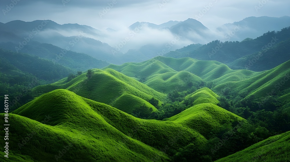 Mountain landscape with green hills and fog in the morning, Taiwan - Generated AI Mountain landscape with green hills and fog in the morning, Taiwan - Generated AI
