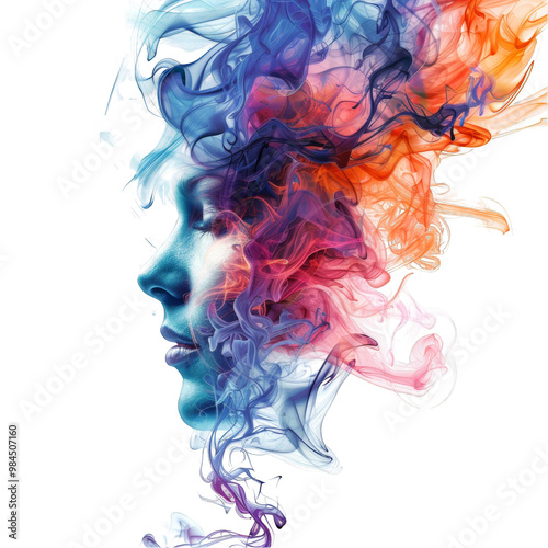 A surreal portrait of a woman's face, partially obscured by colorful smoke, creating a dreamy and abstract visual.